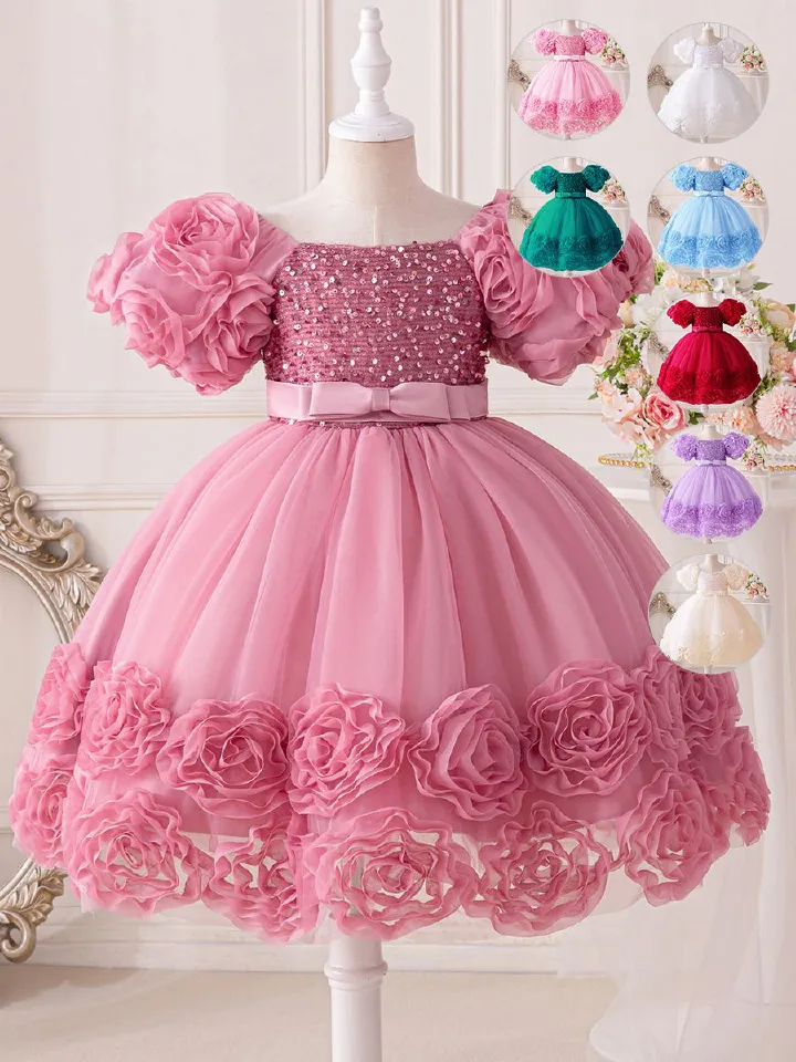 Popular girls' dresses,princess dresses,children's gauze dresses,flower bud host piano performance costumes,children's clothing, personalized short sleeves,waist cinching A-line skirts, fluffy skirts