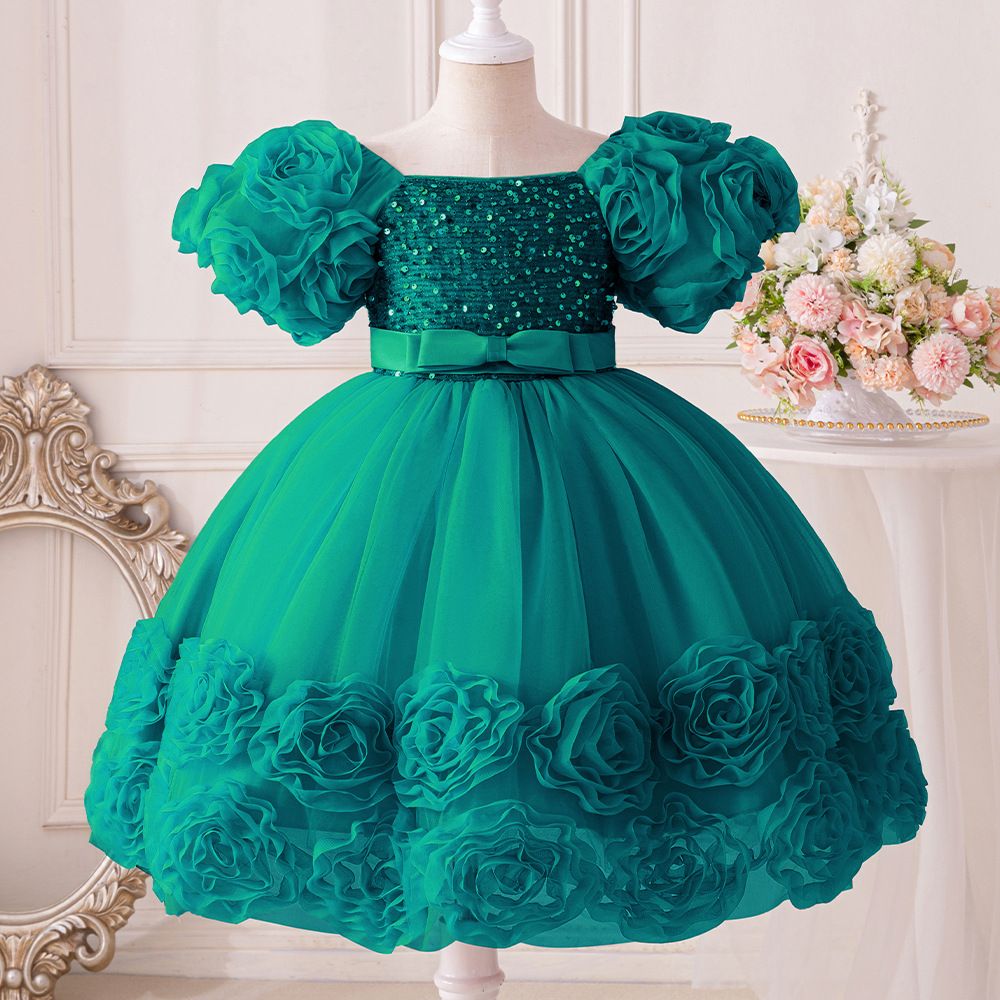 Popular girls' dresses,princess dresses,children's gauze dresses,flower bud host piano performance costumes,children's clothing, personalized short sleeves,waist cinching A-line skirts, fluffy skirts