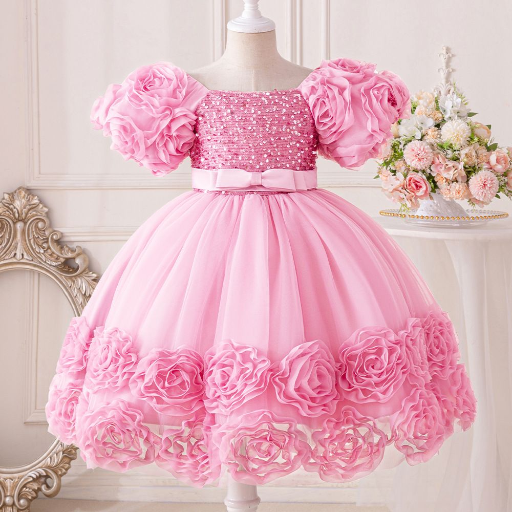 Popular girls' dresses,princess dresses,children's gauze dresses,flower bud host piano performance costumes,children's clothing, personalized short sleeves,waist cinching A-line skirts, fluffy skirts