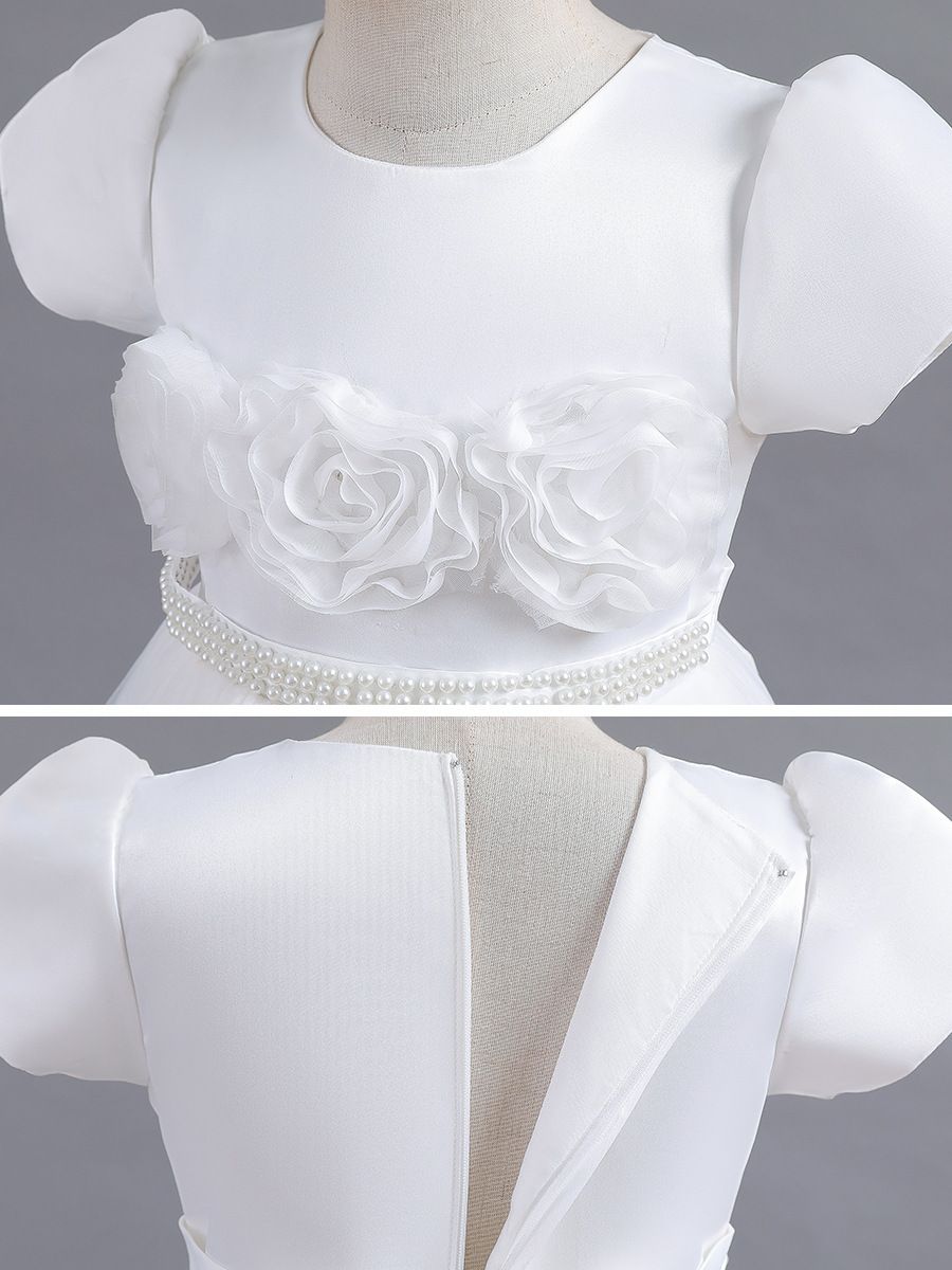 New European and American children's princess long dress,fluffy dress for girls' Kids dress piano performance dress,round neck princess sleeve gauze dress,waist cinching A-line dress, rose edge dress