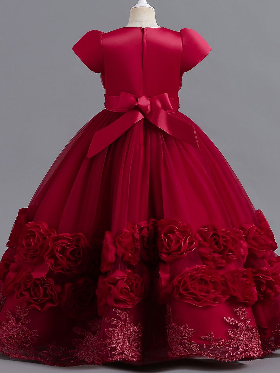 New European and American children's princess long dress,fluffy dress for girls' Kids dress piano performance dress,round neck princess sleeve gauze dress,waist cinching A-line dress, rose edge dress