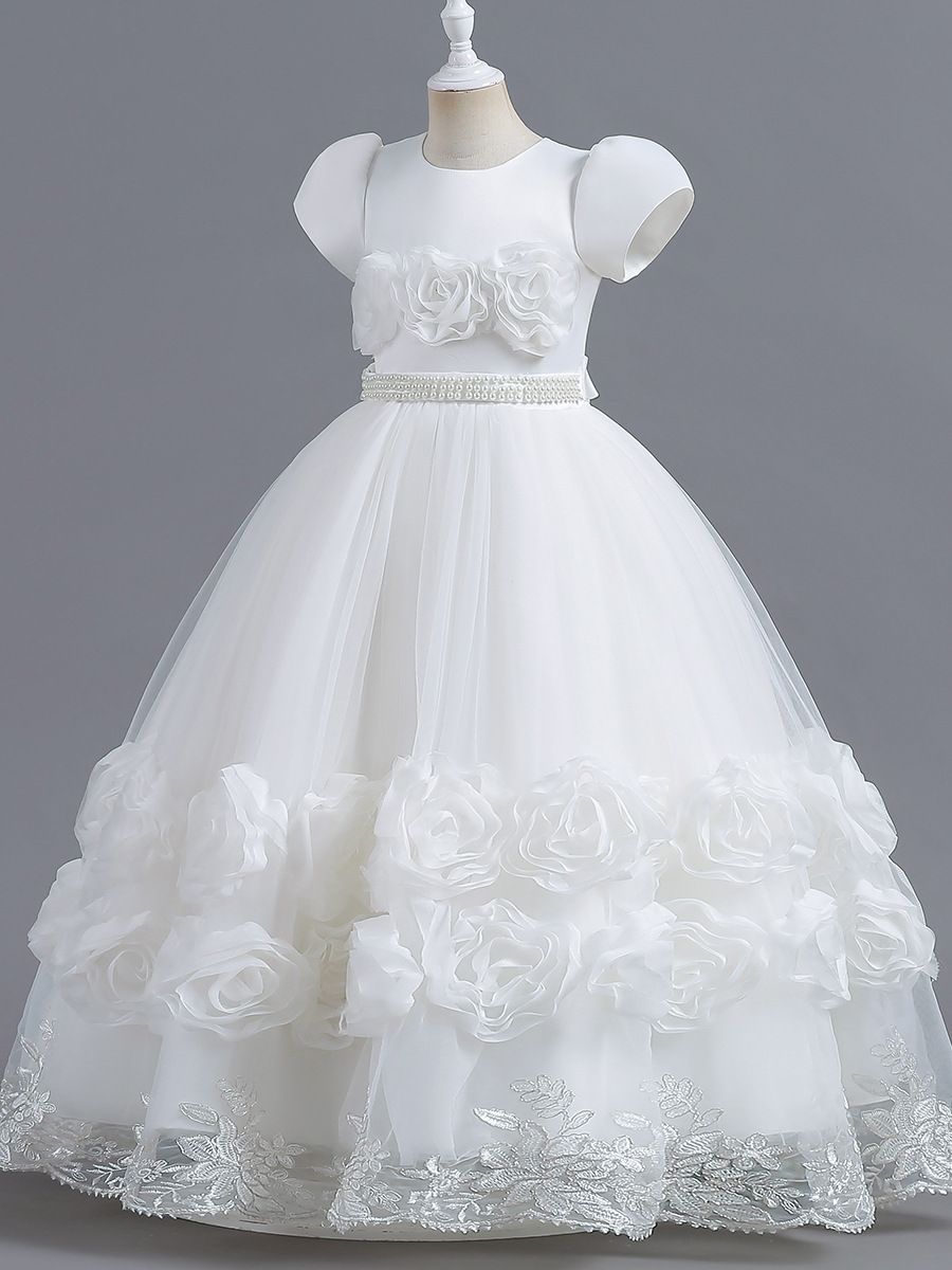 New European and American children's princess long dress,fluffy dress for girls' Kids dress piano performance dress,round neck princess sleeve gauze dress,waist cinching A-line dress, rose edge dress