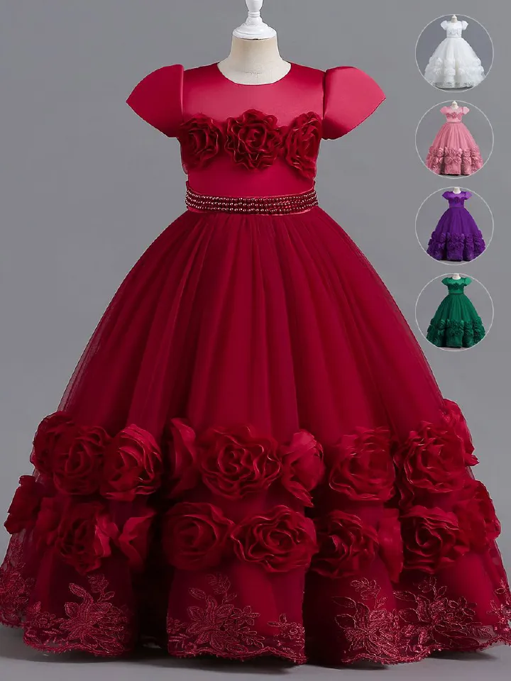 New European and American children's princess long dress,fluffy dress for girls' Kids dress piano performance dress,round neck princess sleeve gauze dress,waist cinching A-line dress, rose edge dress