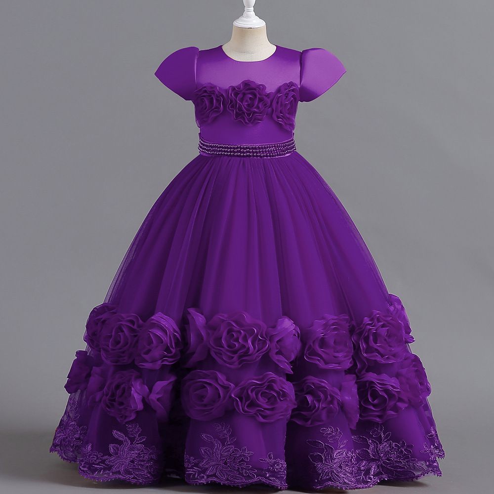 New European and American children's princess long dress,fluffy dress for girls' Kids dress piano performance dress,round neck princess sleeve gauze dress,waist cinching A-line dress, rose edge dress