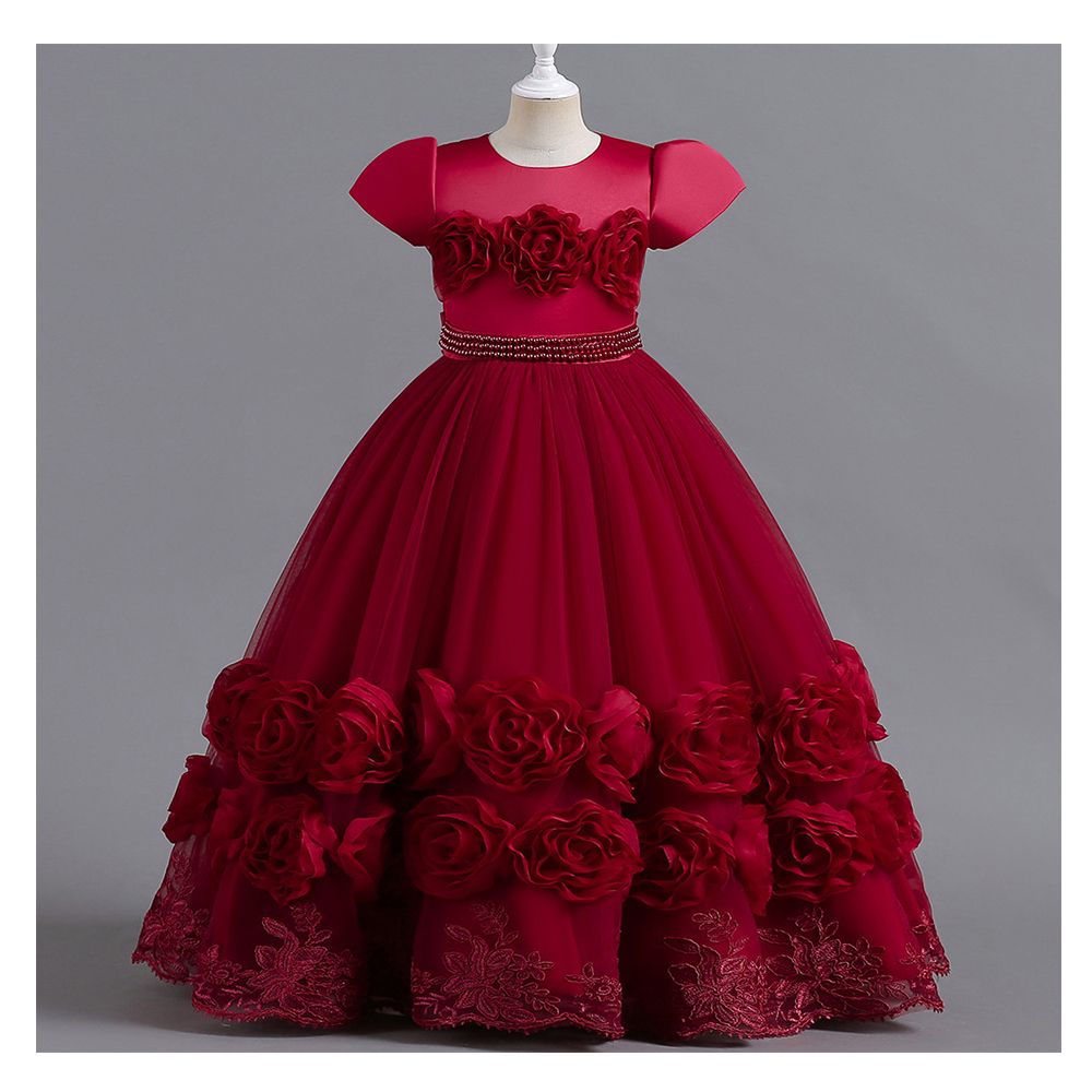 New European and American children's princess long dress,fluffy dress for girls' Kids dress piano performance dress,round neck princess sleeve gauze dress,waist cinching A-line dress, rose edge dress