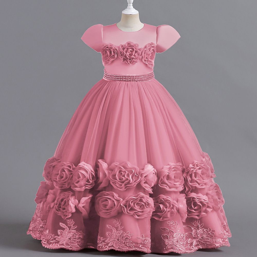 New European and American children's princess long dress,fluffy dress for girls' Kids dress piano performance dress,round neck princess sleeve gauze dress,waist cinching A-line dress, rose edge dress