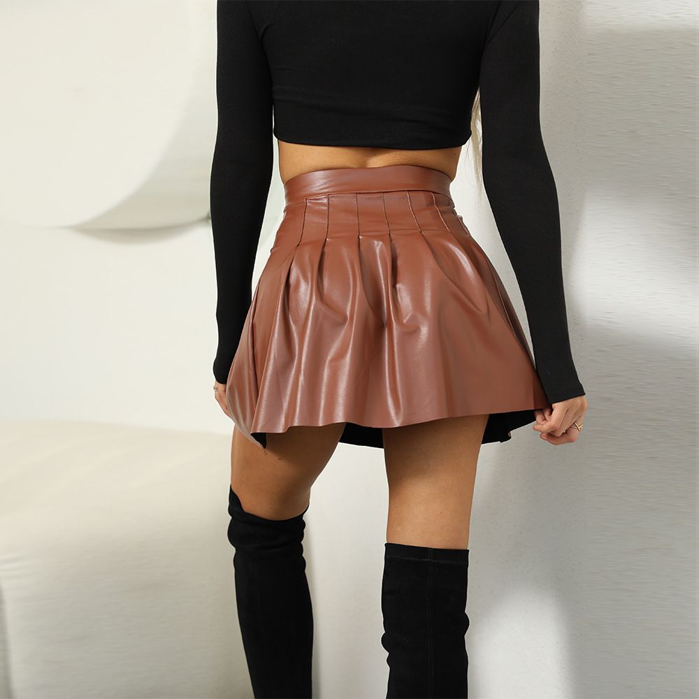 2024 popular pleated skirt for women, European and American style half skirt, PU short skirt, slim fashion style skirt, solid color high waist pleated small leather skirt, fashionable and versatile