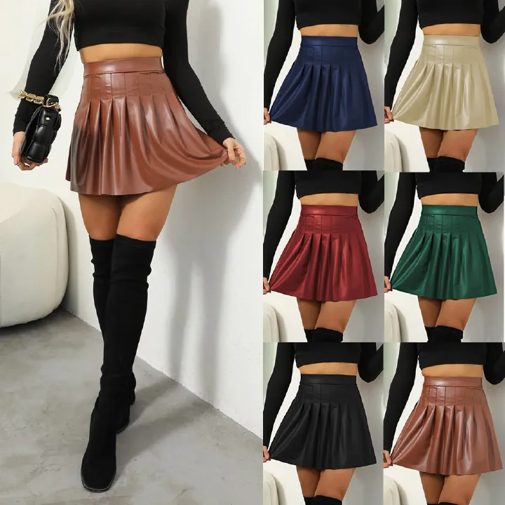 2024 popular pleated skirt for women, European and American style half skirt, PU short skirt, slim fashion style skirt, solid color high waist pleated small leather skirt, fashionable and versatile