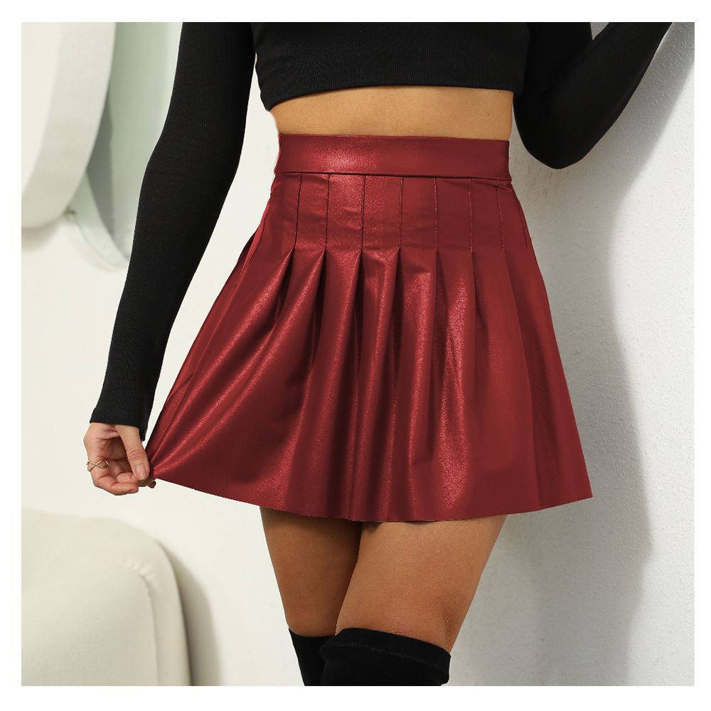 2024 popular pleated skirt for women, European and American style half skirt, PU short skirt, slim fashion style skirt, solid color high waist pleated small leather skirt, fashionable and versatile
