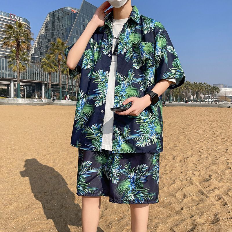 New travel casual men's beach pants,ice silk quick drying flower shorts,vacation flower shirt Hawaiian set,lapel top,soft and comfortable,floral casual two-piece set,fashionable,handsome versatile