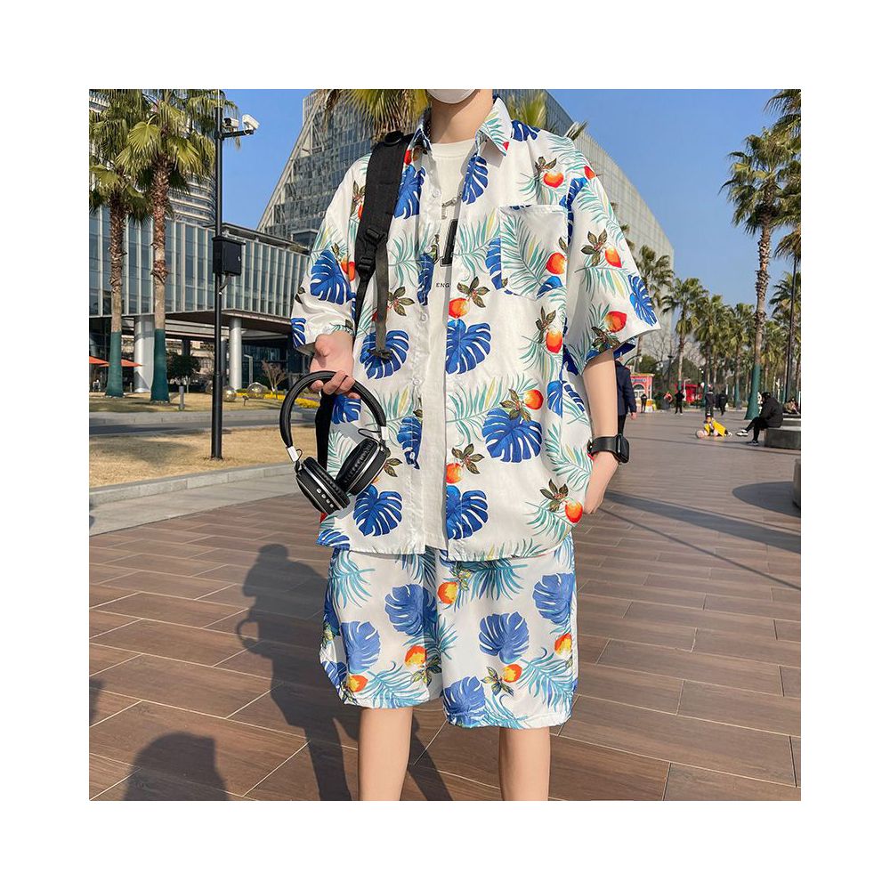 New travel casual men's beach pants,ice silk quick drying flower shorts,vacation flower shirt Hawaiian set,lapel top,soft and comfortable,floral casual two-piece set,fashionable,handsome versatile
