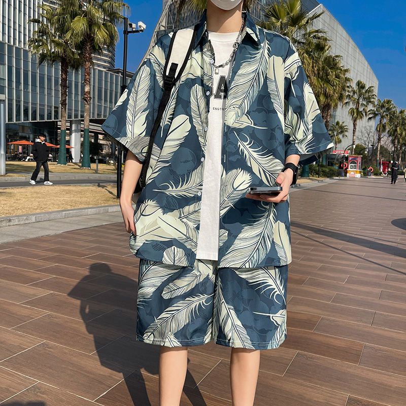 New travel casual men's beach pants,ice silk quick drying flower shorts,vacation flower shirt Hawaiian set,lapel top,soft and comfortable,floral casual two-piece set,fashionable,handsome versatile