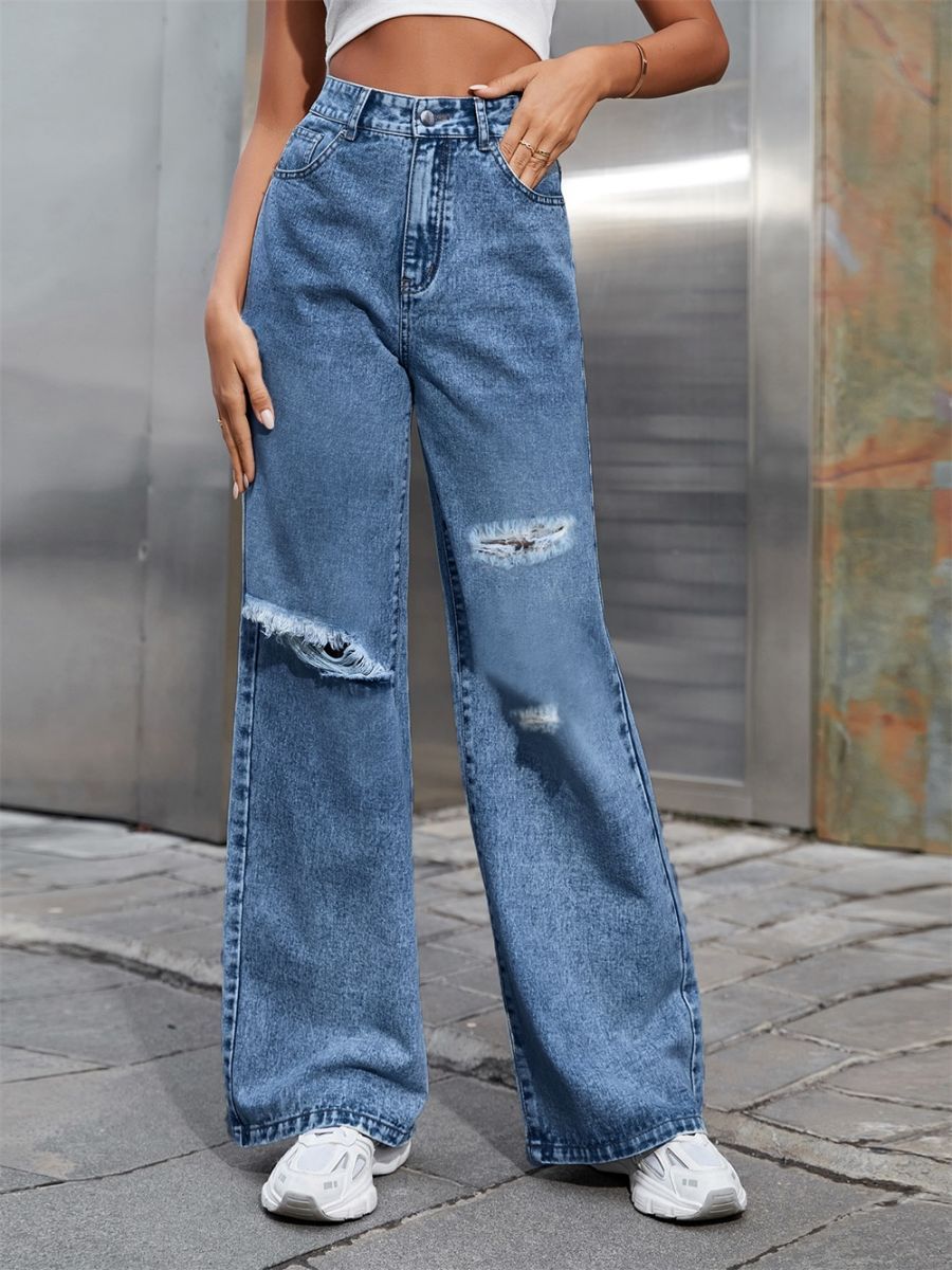 European and American new jeans women, popular hole washing high waist loose straight jeans trousers, personalized fashion, casual and versatile, soft and comfortable, fade resistant, Tiktok - popular