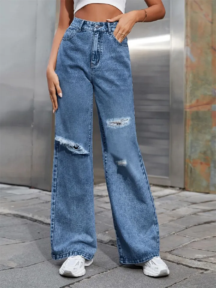 European and American new jeans women, popular hole washing high waist loose straight jeans trousers, personalized fashion, casual and versatile, soft and comfortable, fade resistant, Tiktok - popular
