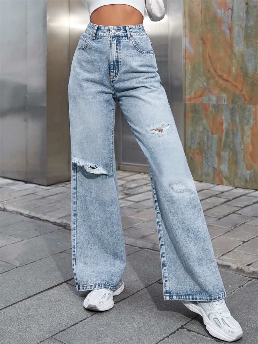 European and American new jeans women, popular hole washing high waist loose straight jeans trousers, personalized fashion, casual and versatile, soft and comfortable, fade resistant, Tiktok - popular