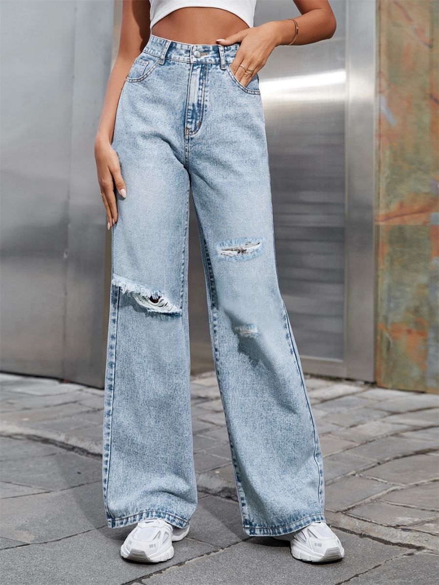 European and American new jeans women, popular hole washing high waist loose straight jeans trousers, personalized fashion, casual and versatile, soft and comfortable, fade resistant, Tiktok - popular