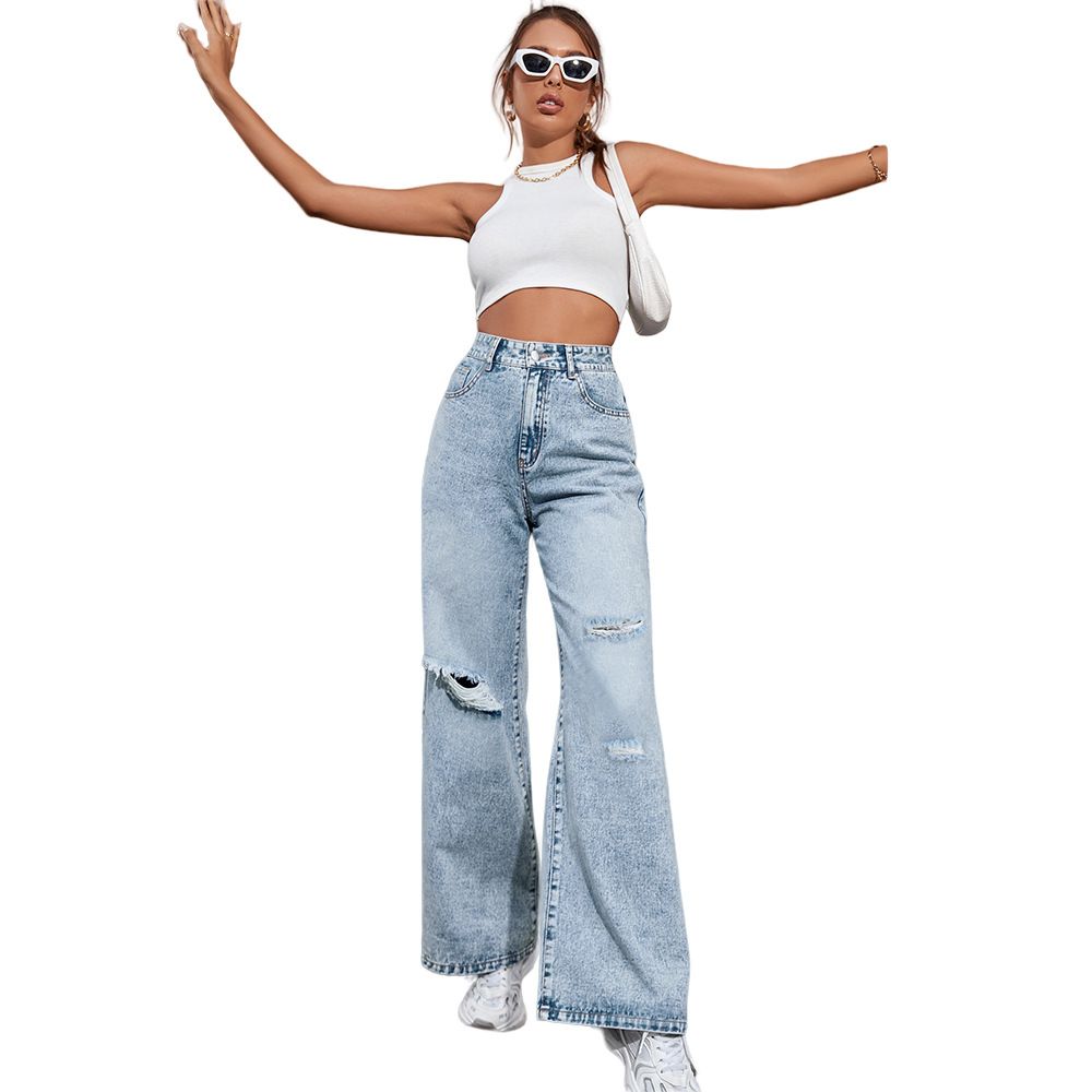 European and American new jeans women, popular hole washing high waist loose straight jeans trousers, personalized fashion, casual and versatile, soft and comfortable, fade resistant, Tiktok - popular