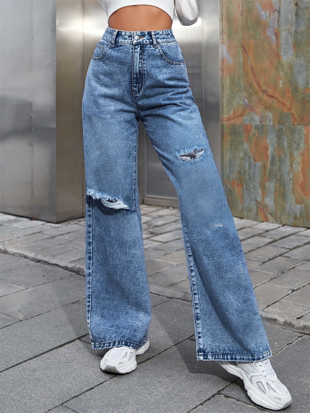 European and American new jeans women, popular hole washing high waist loose straight jeans trousers, personalized fashion, casual and versatile, soft and comfortable, fade resistant, Tiktok - popular
