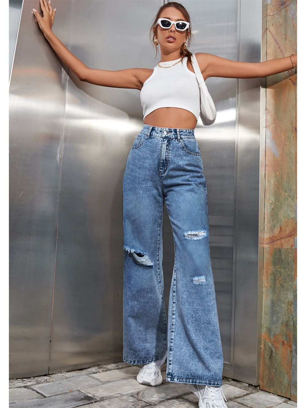European and American new jeans women, popular hole washing high waist loose straight jeans trousers, personalized fashion, casual and versatile, soft and comfortable, fade resistant, Tiktok - popular