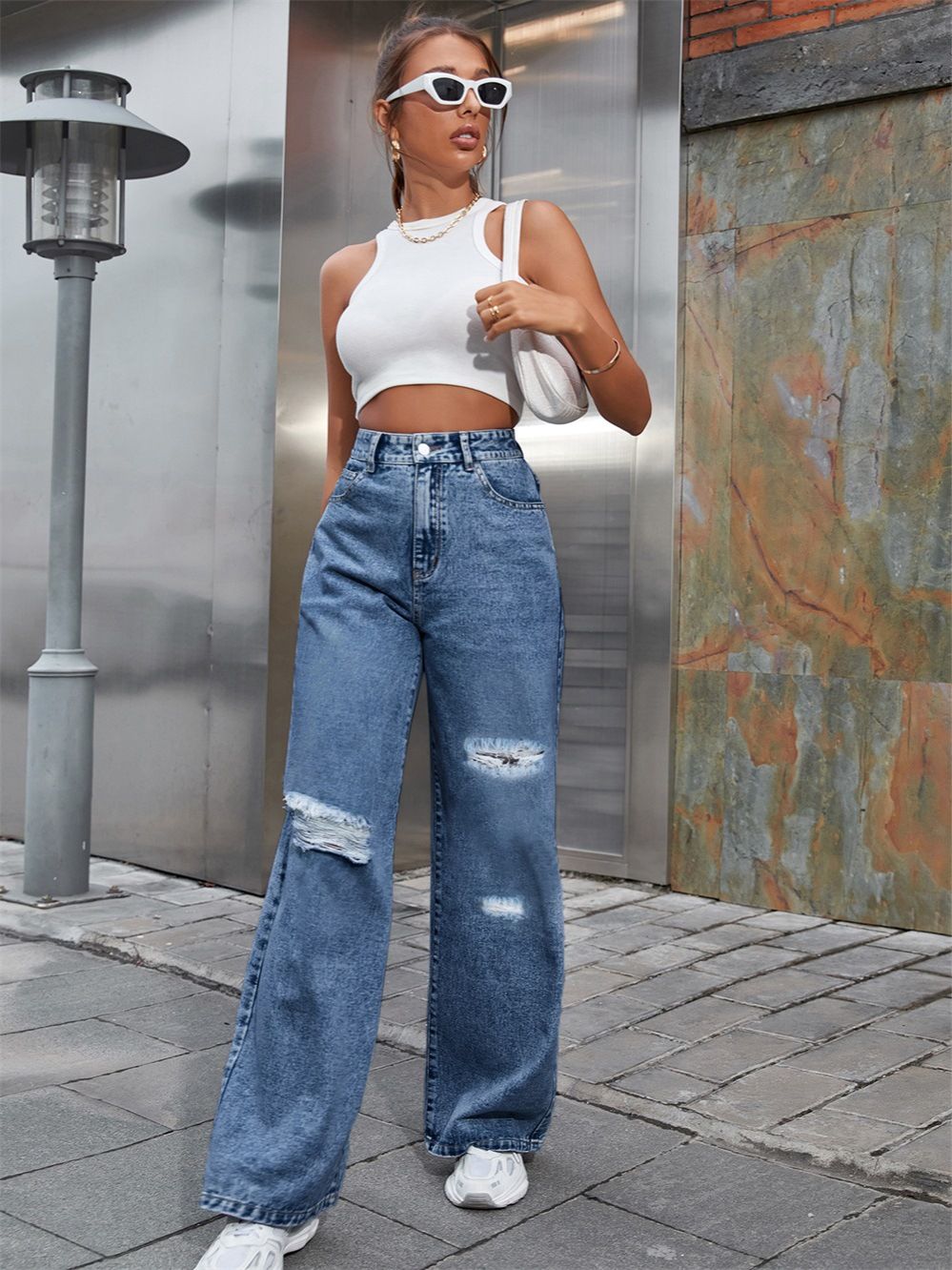 European and American new jeans women, popular hole washing high waist loose straight jeans trousers, personalized fashion, casual and versatile, soft and comfortable, fade resistant, Tiktok - popular