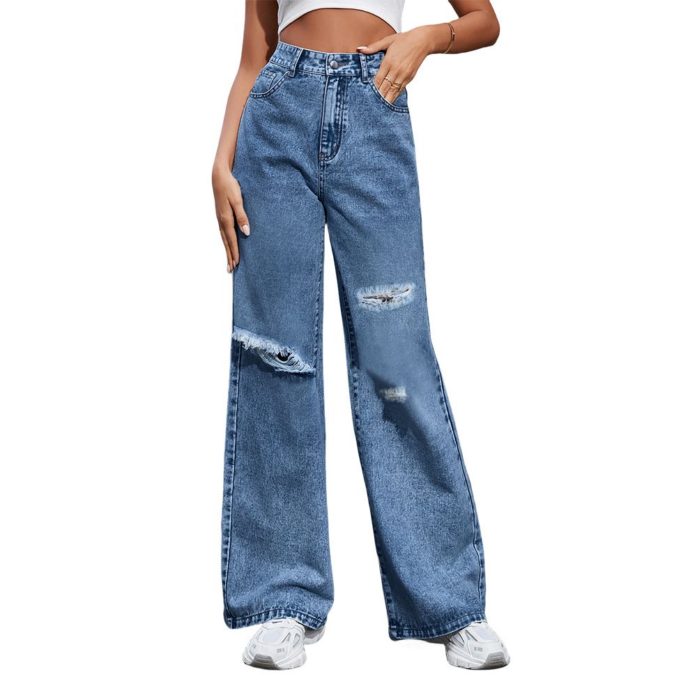 European and American new jeans women, popular hole washing high waist loose straight jeans trousers, personalized fashion, casual and versatile, soft and comfortable, fade resistant, Tiktok - popular