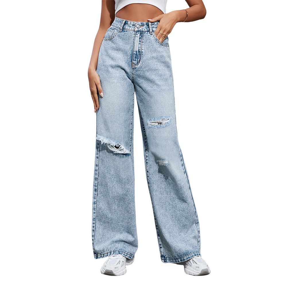 European and American new jeans women, popular hole washing high waist loose straight jeans trousers, personalized fashion, casual and versatile, soft and comfortable, fade resistant, Tiktok - popular