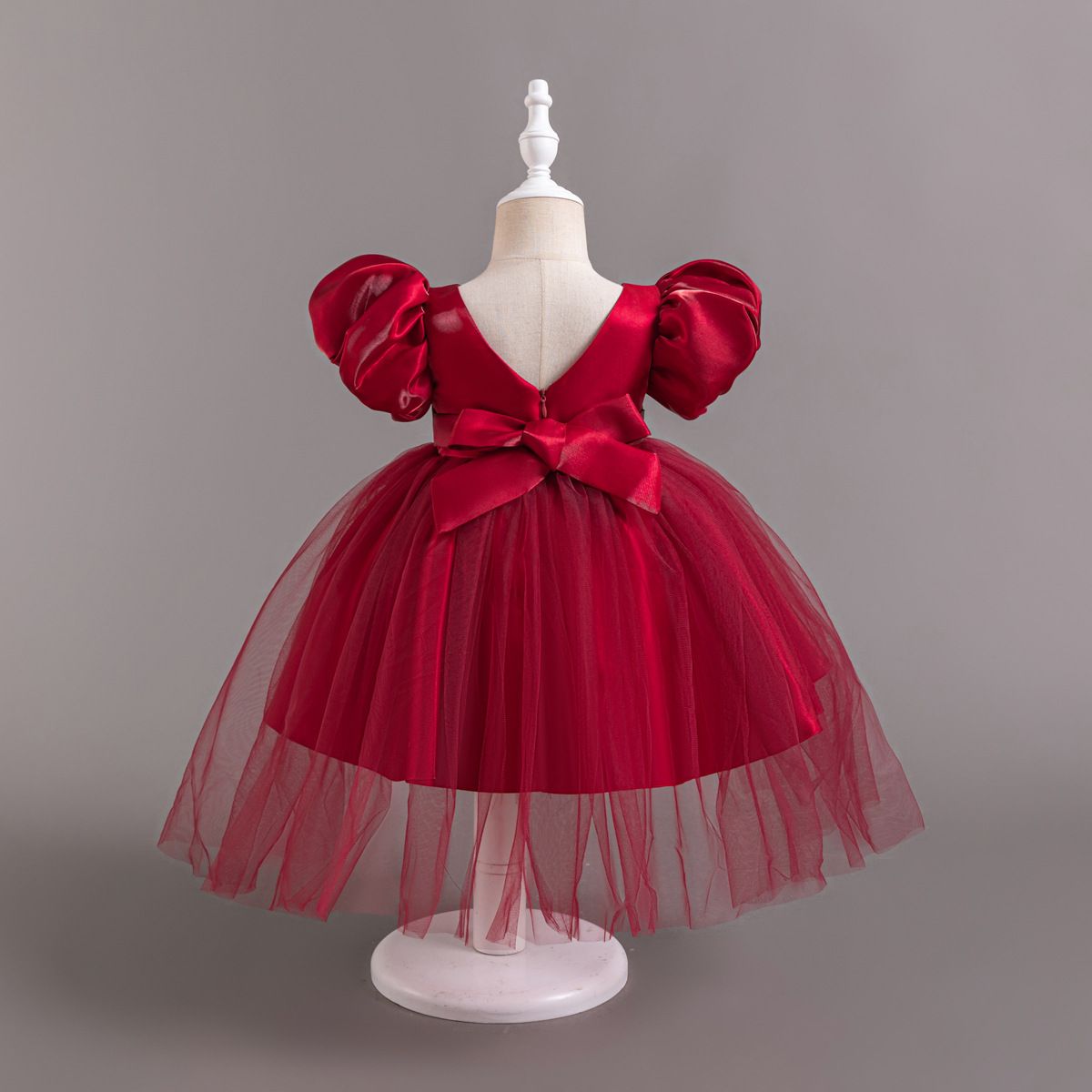 2024 new bubble sleeve princess dress, girls' bow decoration smooth fluffy dress, mesh flower girl runway children's evening dress, host piano dress dress, solid color waistband A-line dress