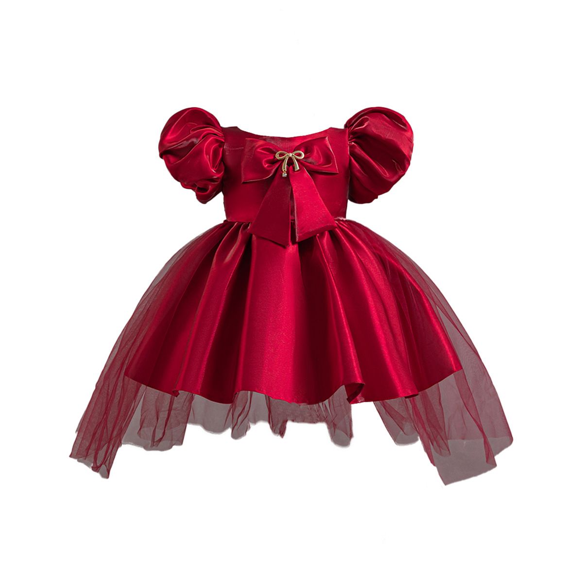 2024 new bubble sleeve princess dress, girls' bow decoration smooth fluffy dress, mesh flower girl runway children's evening dress, host piano dress dress, solid color waistband A-line dress