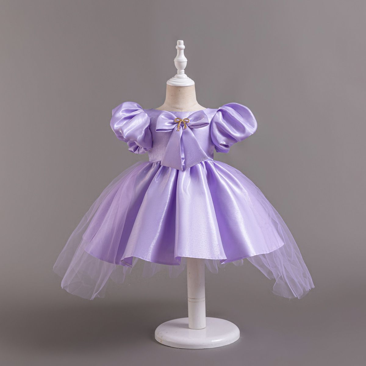 2024 new bubble sleeve princess dress, girls' bow decoration smooth fluffy dress, mesh flower girl runway children's evening dress, host piano dress dress, solid color waistband A-line dress