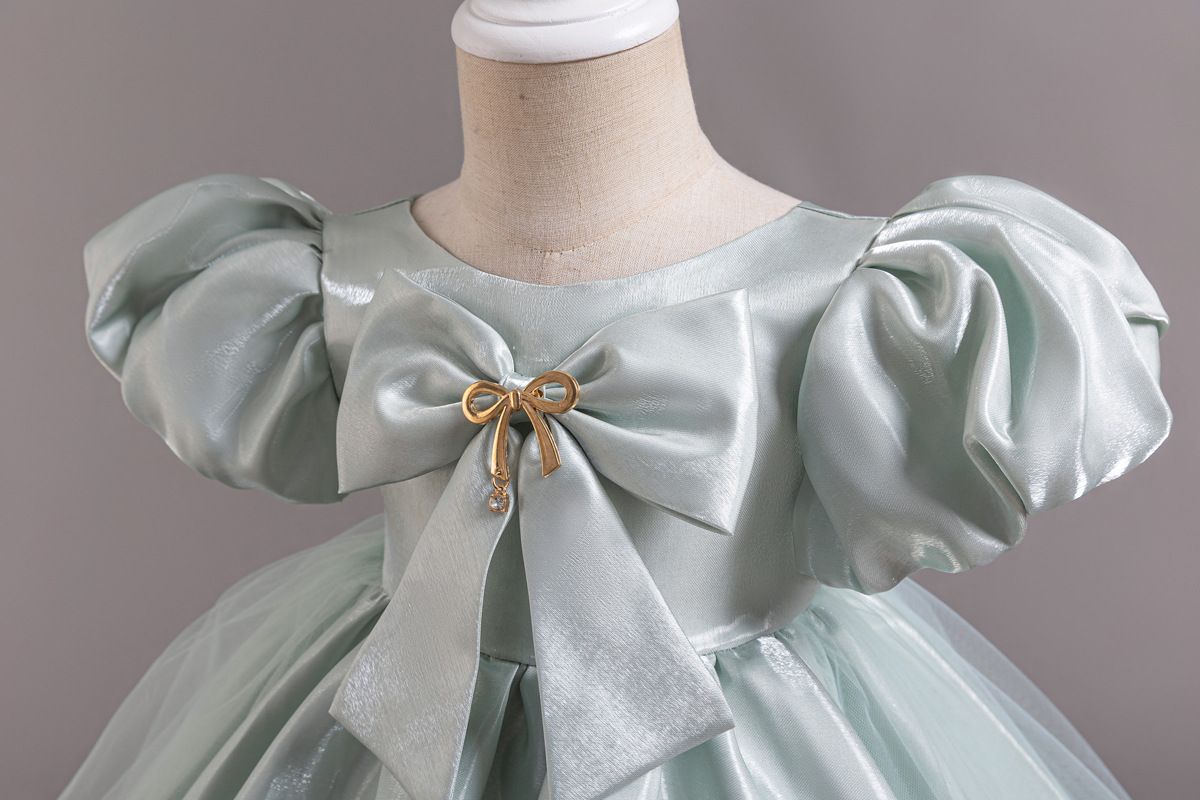 2024 new bubble sleeve princess dress, girls' bow decoration smooth fluffy dress, mesh flower girl runway children's evening dress, host piano dress dress, solid color waistband A-line dress