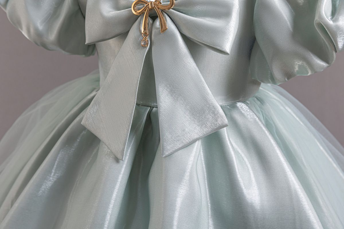 2024 new bubble sleeve princess dress, girls' bow decoration smooth fluffy dress, mesh flower girl runway children's evening dress, host piano dress dress, solid color waistband A-line dress
