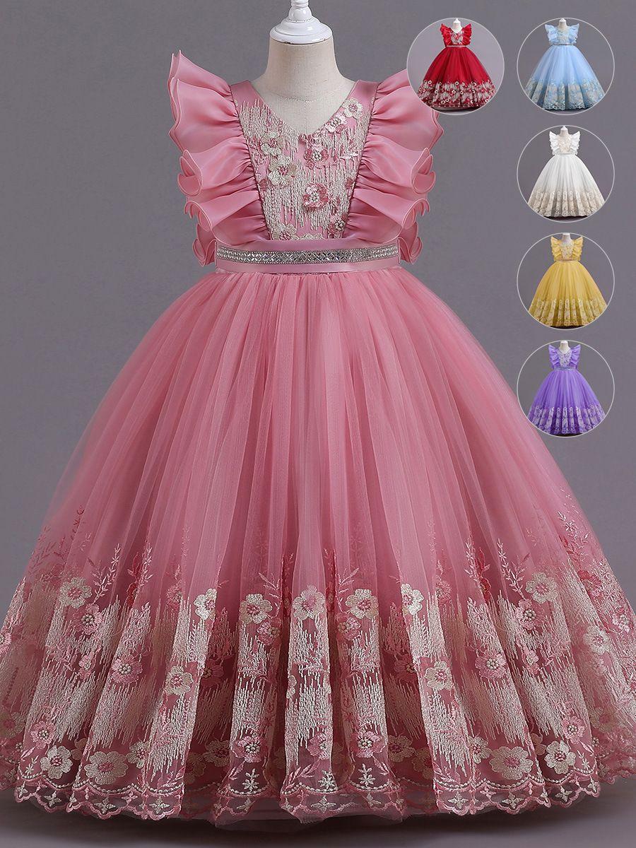 2024 new children's dress princess dress, V-neck flower girl fluffy dress, ruffled performance dress, waist cinched A-line dress, little girl hosting fashion show holiday party performance dress