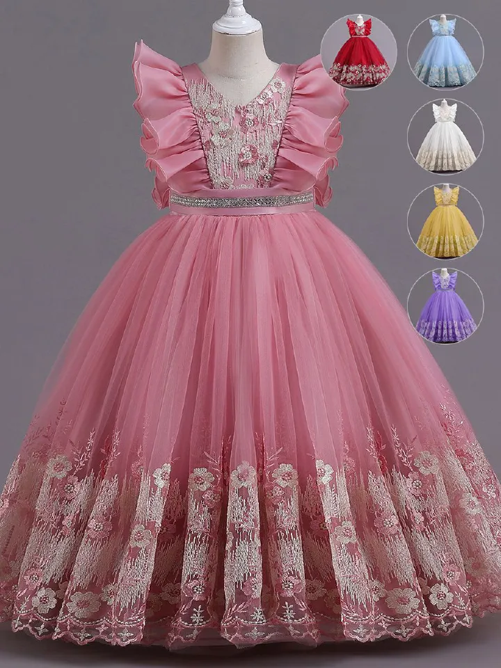 2024 new children's dress princess dress, V-neck flower girl fluffy dress, ruffled performance dress, waist cinched A-line dress, little girl hosting fashion show holiday party performance dress