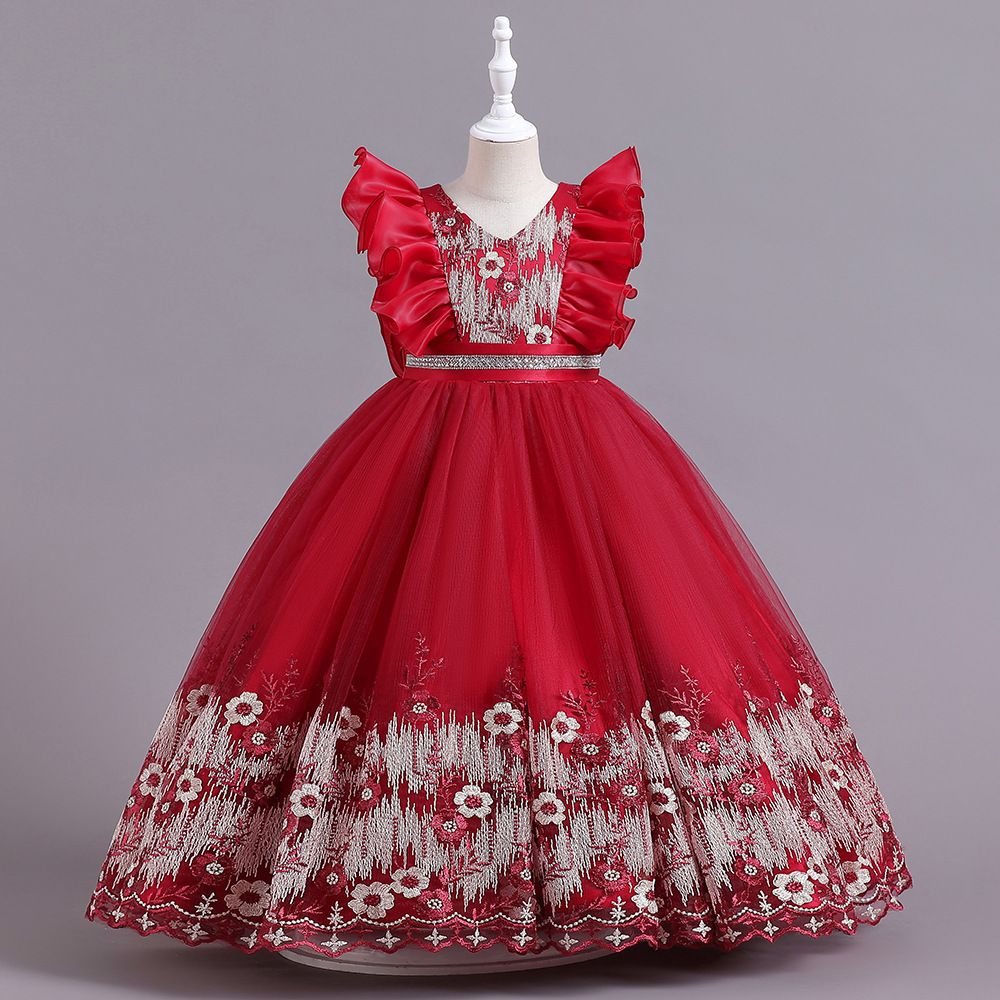 2024 new children's dress princess dress, V-neck flower girl fluffy dress, ruffled performance dress, waist cinched A-line dress, little girl hosting fashion show holiday party performance dress