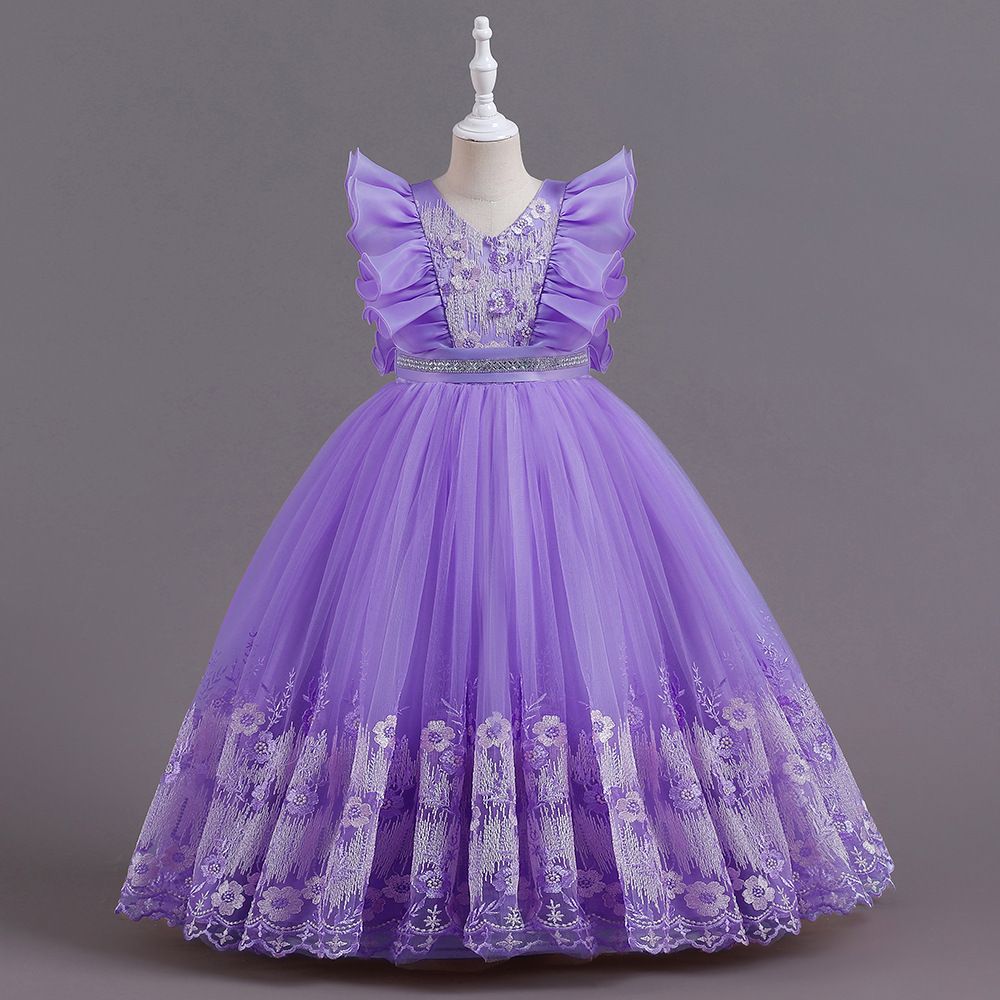 2024 new children's dress princess dress, V-neck flower girl fluffy dress, ruffled performance dress, waist cinched A-line dress, little girl hosting fashion show holiday party performance dress