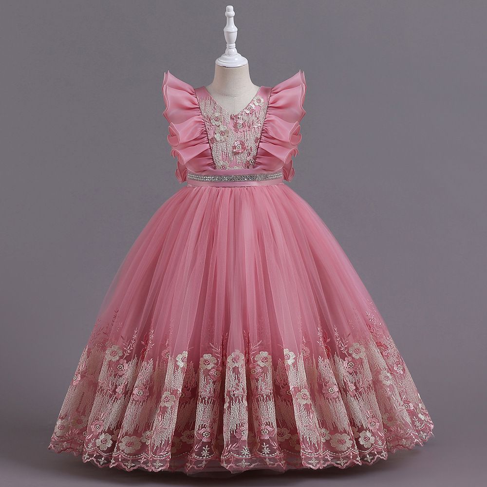 2024 new children's dress princess dress, V-neck flower girl fluffy dress, ruffled performance dress, waist cinched A-line dress, little girl hosting fashion show holiday party performance dress