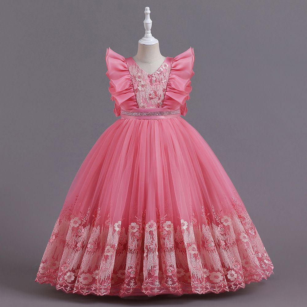 2024 new children's dress princess dress, V-neck flower girl fluffy dress, ruffled performance dress, waist cinched A-line dress, little girl hosting fashion show holiday party performance dress