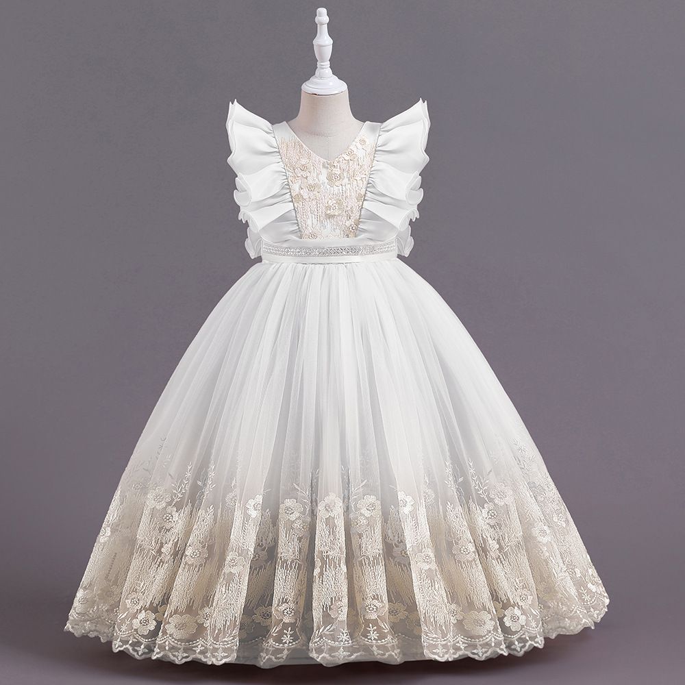 2024 new children's dress princess dress, V-neck flower girl fluffy dress, ruffled performance dress, waist cinched A-line dress, little girl hosting fashion show holiday party performance dress