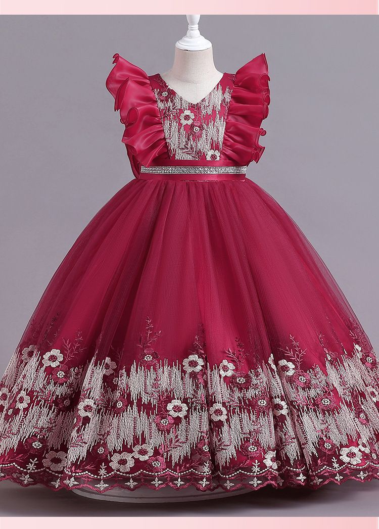 2024 new children's dress princess dress, V-neck flower girl fluffy dress, ruffled performance dress, waist cinched A-line dress, little girl hosting fashion show holiday party performance dress