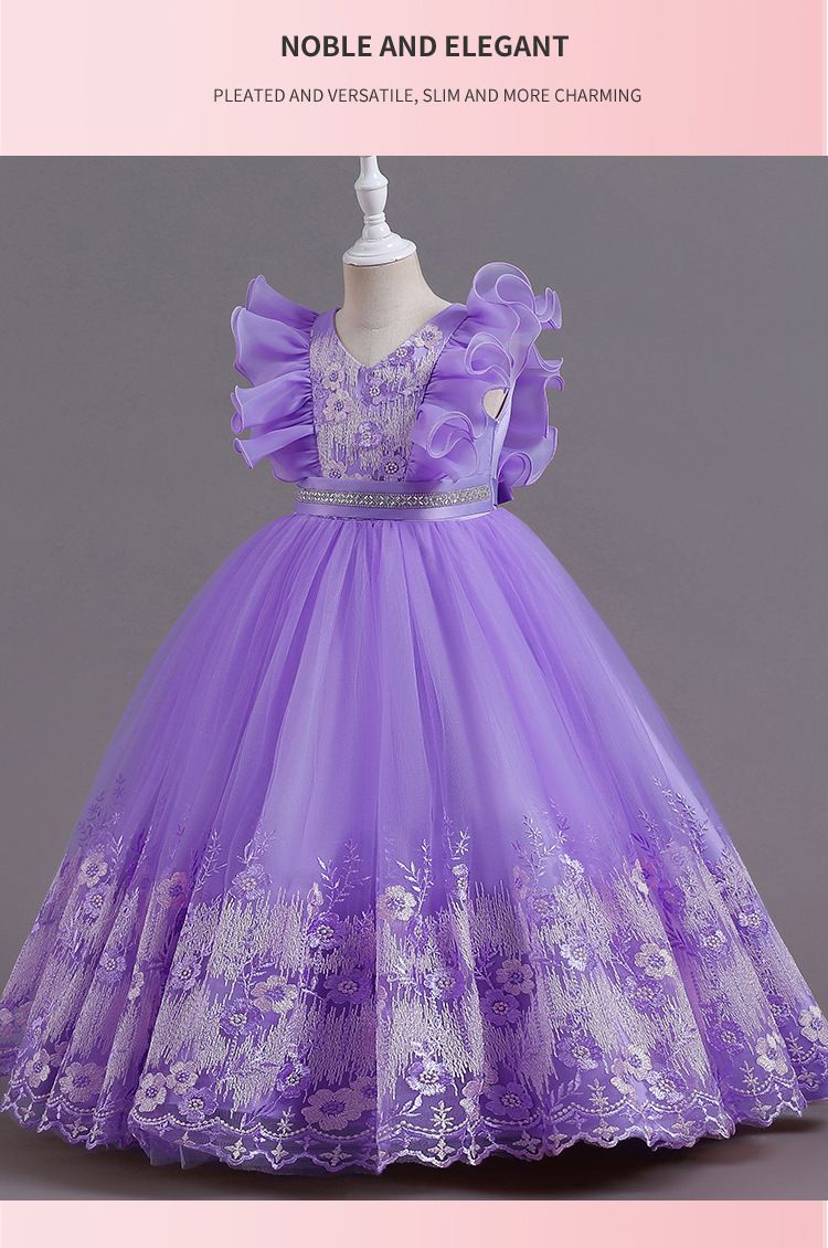 2024 new children's dress princess dress, V-neck flower girl fluffy dress, ruffled performance dress, waist cinched A-line dress, little girl hosting fashion show holiday party performance dress