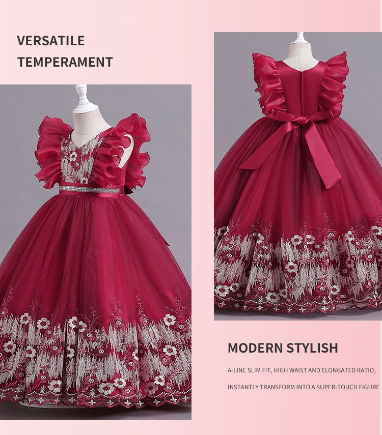 2024 new children's dress princess dress, V-neck flower girl fluffy dress, ruffled performance dress, waist cinched A-line dress, little girl hosting fashion show holiday party performance dress