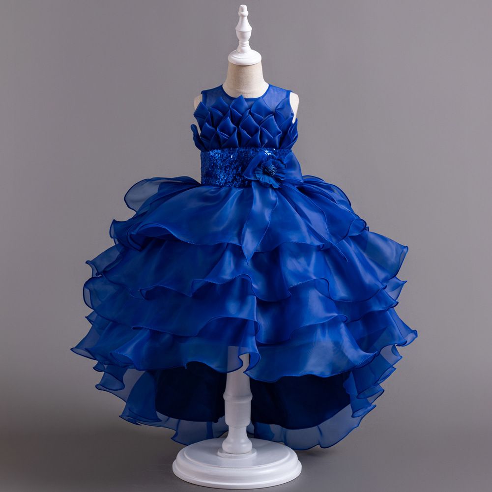 New children's evening dress,girls' birthday princess dress,solid color fluffy gauze dress,red flower girl hosting runway performance dress,stylish trailing dress dress,sequined waistband A-line dress