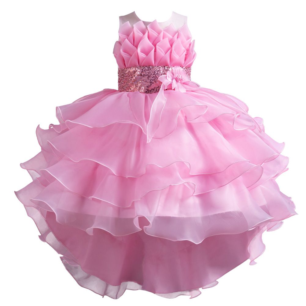 New children's evening dress,girls' birthday princess dress,solid color fluffy gauze dress,red flower girl hosting runway performance dress,stylish trailing dress dress,sequined waistband A-line dress