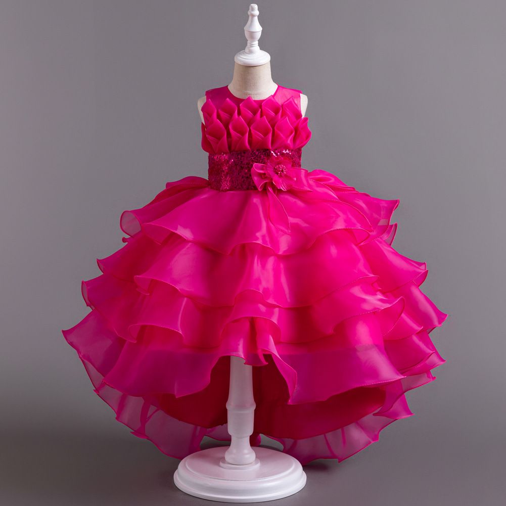New children's evening dress,girls' birthday princess dress,solid color fluffy gauze dress,red flower girl hosting runway performance dress,stylish trailing dress dress,sequined waistband A-line dress