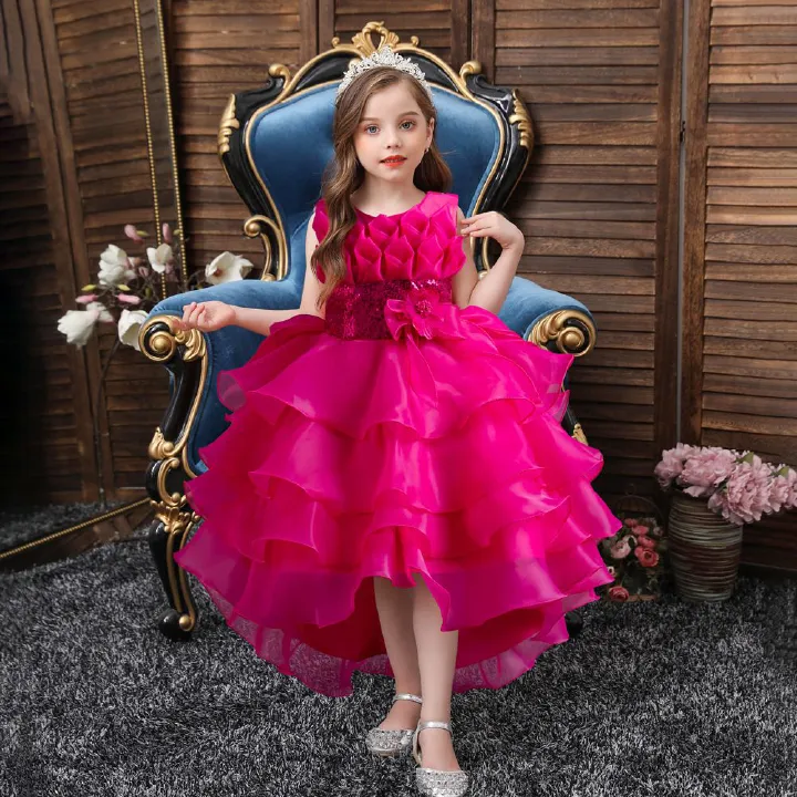 New children's evening dress,girls' birthday princess dress,solid color fluffy gauze dress,red flower girl hosting runway performance dress,stylish trailing dress dress,sequined waistband A-line dress