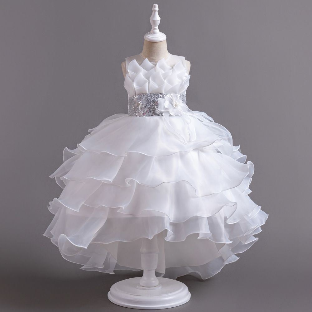 New children's evening dress,girls' birthday princess dress,solid color fluffy gauze dress,red flower girl hosting runway performance dress,stylish trailing dress dress,sequined waistband A-line dress