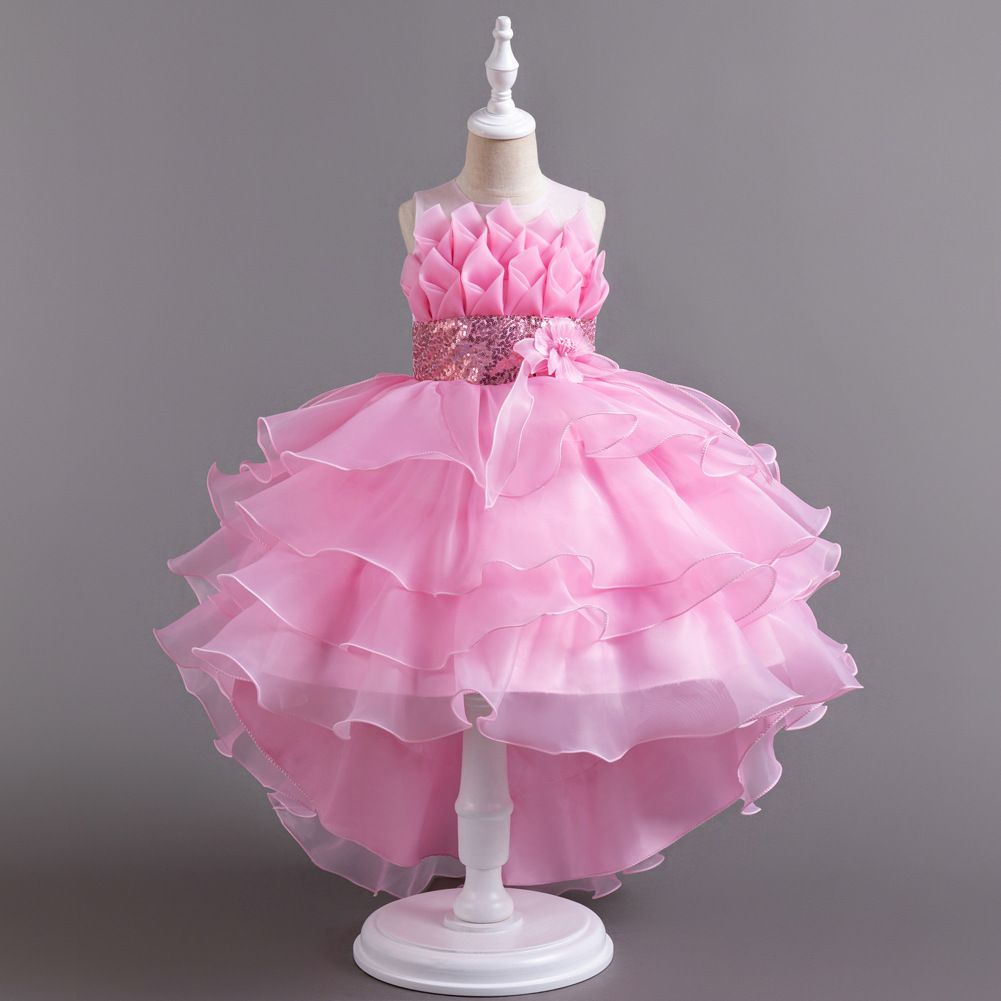 New children's evening dress,girls' birthday princess dress,solid color fluffy gauze dress,red flower girl hosting runway performance dress,stylish trailing dress dress,sequined waistband A-line dress