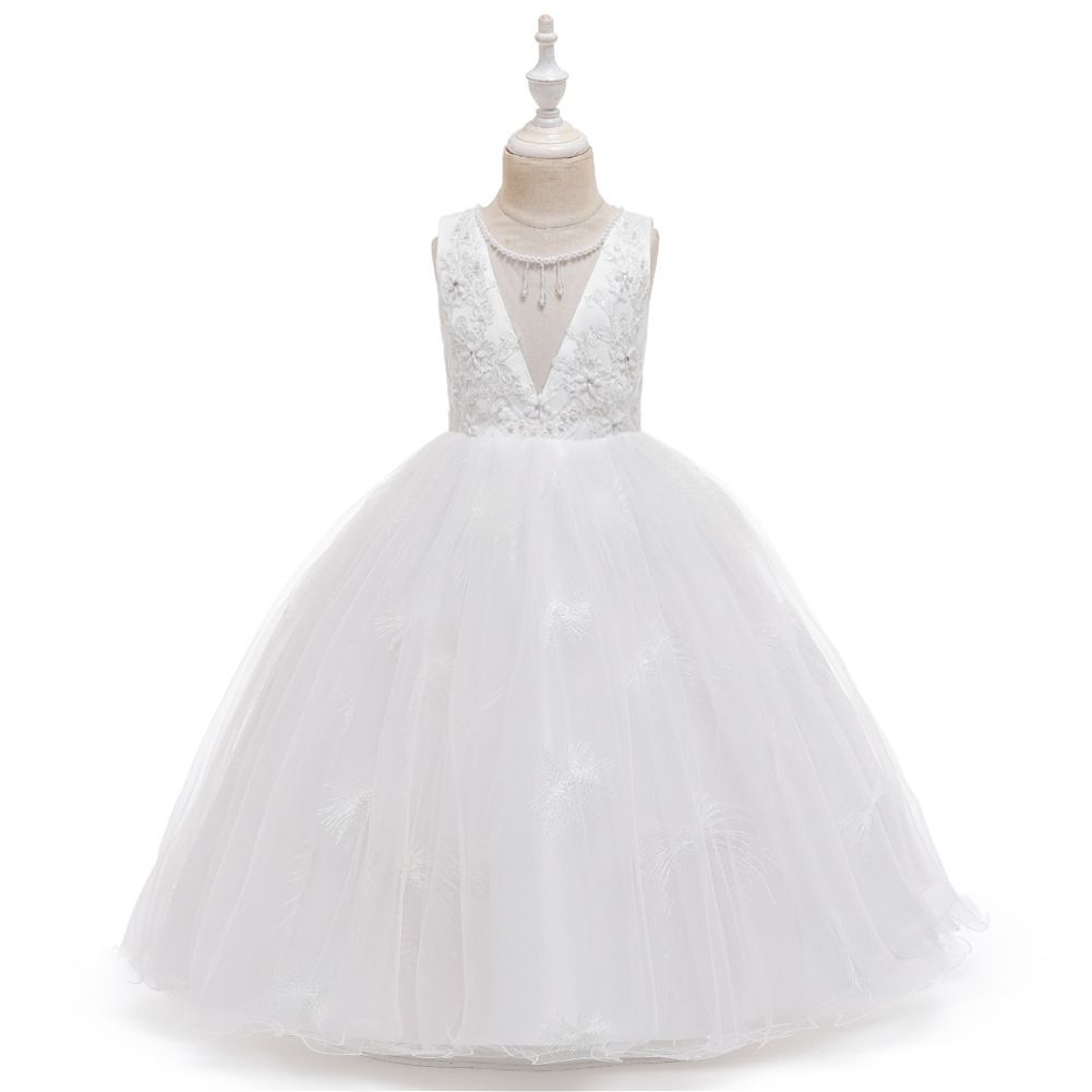 New children's dress princess dress, super fairy white long flower girl wedding dress, girls' mesh fluffy dress,sleeveless round neck gauze dress,waistband A-line dress,soft and skin friendly,stylish