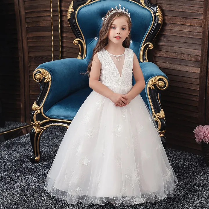 New children's dress princess dress, super fairy white long flower girl wedding dress, girls' mesh fluffy dress,sleeveless round neck gauze dress,waistband A-line dress,soft and skin friendly,stylish