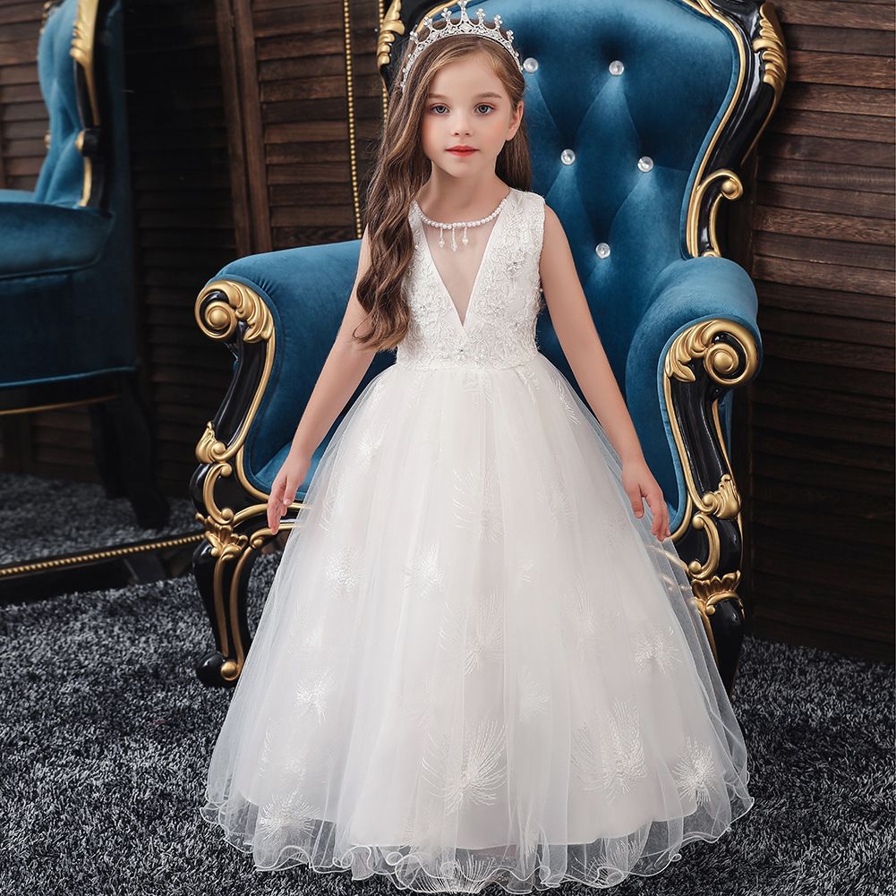 New children's dress princess dress, super fairy white long flower girl wedding dress, girls' mesh fluffy dress,sleeveless round neck gauze dress,waistband A-line dress,soft and skin friendly,stylish